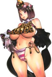 Rule 34 | blush, bottomless, breasts, brown hair, cameltoe, highres, large breasts, menace (queen&#039;s blade), purple eyes, queen&#039;s blade, setra, short hair, smile, underboob