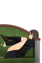 Rule 34 | 10s, 1girl, black socks, brown hair, cardigan, couch, fetal position, flower, full body, green eyes, green upholstery, idolmaster, idolmaster cinderella girls, kneehighs, loafers, long hair, long legs, looking at viewer, mosha densou, open mouth, school uniform, shibuya rin, shoes, simple background, sitting, socks, solo, white background