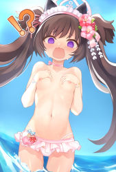 Rule 34 | !?, 1girl, @ @, bikini, bikini bottom only, blue archive, blush, breasts, commentary request, covering privates, covering breasts, embarrassed, flower, hair flower, hair ornament, halo, highres, maid headdress, navel, no entity, ocean, shizuko (blue archive), shizuko (swimsuit) (blue archive), sky, small breasts, solo, sweat, nervous sweating, swimsuit