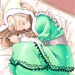 Rule 34 | 00s, 1girl, blush, brown hair, collar, dress, fetal position, frills, from above, green dress, head scarf, heterochromia, long sleeves, lowres, rozen maiden, sleeping, solo, suiseiseki