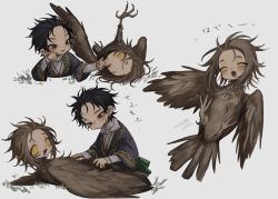 Rule 34 | 1boy, 1girl, arm support, artist name, black hair, brown eyes, brown feathers, brown hair, coat, earrings, feathers, full body, grass, grey background, grey coat, hand on another&#039;s face, harpy, human head, ishida umi, jewelry, long sleeves, looking at another, lying, medium hair, messy hair, monster girl, multiple views, necklace, on back, on stomach, one eye closed, open mouth, original, shirt, short hair, simple background, sitting, white shirt, yellow eyes
