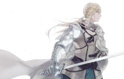 Rule 34 | 1boy, armor, bad id, bad pixiv id, bedivere (fate), blonde hair, blue eyes, braid, cape, fate/grand order, fate (series), highres, himishiro, long hair, male focus, ponytail, simple background, solo, sword, weapon