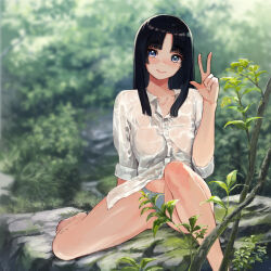 Rule 34 | 1girl, black hair, blue eyes, blue panties, blurry, blurry background, blush, breasts, closed mouth, collarbone, collared shirt, commentary request, day, fate/grand order, fate (series), foot out of frame, forest, highres, legs, long hair, looking at viewer, medium breasts, nature, outdoors, panties, parted bangs, rainen ganbarimashita, shirt, sitting, smile, solo, underwear, ushiwakamaru (fate), v, wet, wet clothes, wet shirt, white shirt