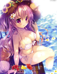 Rule 34 | 1girl, absurdres, artist name, bare shoulders, bikini, blush, breasts, cleavage, cocktail, cocktail glass, collarbone, cup, day, dengeki moeou, drink, drinking glass, drinking straw, eyelashes, flower, food, frilled bikini, frills, front-tie bikini top, front-tie top, fruit, glass, hair between eyes, hair flower, hair ornament, halterneck, hat, hat flower, hibiscus, highres, holding, ice, ice cube, large breasts, leaf, lemon, lemon slice, long hair, looking at viewer, mikeou, navel, original, outdoors, pillow, purple eyes, red flower, scan, side-tie bikini bottom, sideboob, sidelocks, sitting, smile, solo, straw hat, sun hat, sunflower, sunlight, sweat, swimsuit, tongue, tropical drink, wading, water, white bikini, wrist cuffs, yellow flower