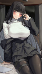 Rule 34 | 1girl, black hair, black jacket, black pantyhose, black skirt, black suit, blue archive, blush, breasts, formal, hair ornament, hairclip, halo, highres, jacket, large breasts, long hair, long sleeves, looking at viewer, miniskirt, off shoulder, pantyhose, pleated skirt, red eyes, ribbed sweater, rio (blue archive), sitting, skirt, smile, solo, suit, sweater, thighs, turtleneck, turtleneck sweater, white-paka, white sweater