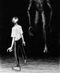 Rule 34 | 1boy, dark, greyscale, hatching (texture), highres, horror (theme), long arms, long fingers, looking at another, looking up, male focus, monochrome, monster, original, pants, shoes, sketch, sneakers, standing, sweatpants, walking, xreamm