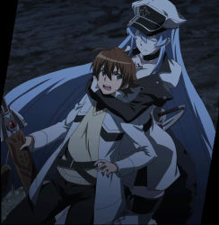Rule 34 | 10s, 1boy, 1girl, akame ga kill!, blue hair, breasts, brown hair, colored eyelashes, esdeath, hat, hetero, highres, hug, large breasts, long hair, night, smile, square enix, standing, stitched, tatsumi (akame ga kill!), tattoo, third-party edit