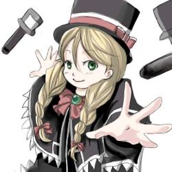 Rule 34 | 00s, 1girl, august (coyote ragtime show), blonde hair, bow, braid, coyote ragtime show, green eyes, hair over shoulder, hat, long hair, lowres, ribbon, shawl, smile, solo, top hat, twin braids, white background
