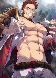 Rule 34 | 1boy, abs, bara, beard, belt, blue eyes, brown hair, clothes lift, commentary request, epaulettes, facial hair, fate/grand order, fate (series), highres, large pectorals, long sideburns, long sleeves, looking at viewer, male focus, manly, masayoshi togashi (alu379), military, military uniform, muscular, napoleon bonaparte (fate), nipples, open clothes, open shirt, pants, pectorals, rain, scar, shirt lift, sideburns, smile, solo, teeth, uniform, water drop