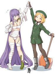Rule 34 | 1boy, 2girls, absurdly long hair, axe, bandage over one eye, bandaged arm, bandaged head, bandaged leg, bandages, beret, blonde hair, brown gloves, closed eyes, fate/grand order, fate (series), fujimaru ritsuka (male), fujimaru ritsuka (male) (polar chaldea uniform), full body, giant, giantess, gloves, green hat, green jacket, gundam, hat, high five, jacket, kingprotea (fate), long hair, multiple girls, parted bangs, paul bunyan (fate), purple eyes, purple hair, sarashi, shiseki hirame, simple background, size difference, standing, very long hair, white background