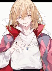 Rule 34 | 1boy, blonde hair, blouse, blue eyes, coat, earrings, hair between eyes, highres, howl (howl no ugoku shiro), howl no ugoku shiro, jewelry, looking at viewer, medium hair, necklace, nonno phi, open mouth, red coat, ring, shirt, smile, solo, upper body, white background, white shirt