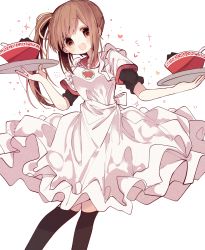 Rule 34 | +++, 1girl, :d, apron, black thighhighs, bow, bowl, breasts, brown eyes, brown hair, dot nose, feet out of frame, frilled apron, frills, hands up, happy, head tilt, heart, highres, holding, holding tray, knees together feet apart, kono yo no inga wo hazureta mono, layered sleeves, light blush, long sleeves, magia record: mahou shoujo madoka magica gaiden, mahou shoujo madoka magica, medium breasts, mitakihara school uniform, open mouth, red sailor collar, sailor collar, school uniform, short over long sleeves, short sleeves, side ponytail, sidelocks, simple background, sleeves rolled up, smile, solo, sparkle, tareme, thighhighs, tray, uniform, waist bow, white apron, white background, white bow, yui tsuruno, zettai ryouiki