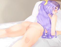 Rule 34 | 1girl, ass, bad id, bad pixiv id, bed, blush, bow, hair bow, light purple hair, long hair, lying, nude, on bed, on stomach, ponytail, purple eyes, septet (zrca janne), solo, touhou, uncensored, watatsuki no yorihime