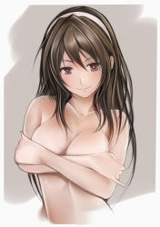 Rule 34 | 10s, 1girl, ashigara (kancolle), bad anatomy, bad hands, bare shoulders, breasts, brown eyes, brown hair, cleavage, covering privates, covering breasts, fang, fang out, female focus, hairband, kantai collection, large breasts, looking at viewer, nannacy7, navel, pinky out, poorly drawn, smile, solo, topless, topless frame, upper body