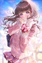 Rule 34 | 1girl, absurdres, bag, blazer, blush, box, brown hair, buttons, cardigan, cowboy shot, frilled sleeves, frills, gift, hair ornament, hairclip, hands up, heart, heart-shaped box, heart button, heart in eye, highres, holding, holding gift, incoming gift, jacket, long hair, long sleeves, looking at viewer, onene, open clothes, open jacket, original, pantyhose, parted lips, pink cardigan, pink eyes, pink jacket, pink scarf, pink skirt, plaid, plaid skirt, pleated skirt, scarf, school bag, school uniform, shirt, skirt, solo, star (symbol), starry background, symbol in eye, valentine, white shirt