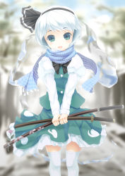 1girl bad_id bad_pixiv_id breath female_focus flower green_eyes hairband highres konpaku_youmu konpaku_youmu_(ghost) masatome scabbard scarf sheath sheathed short_hair solo sword thighhighs touhou weapon white_hair white_thighhighs