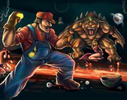 Rule 34 | 1girl, 2boys, arms behind back, blonde hair, blood, boo (mario), bowser, bracelet, breasts, chain, claws, cleavage, crown, death, dress, epic, eyeball, facial hair, fangs, fire, fire flower, fire mario, fireball, ghost, glowing, glowing eyes, hat, horns, jewelry, koopa, koopa troopa, manly, mario, mario (series), lava, monster, multiple boys, muscular, mushroom, mustache, nintendo, power-up, princess, princess peach, realistic, red eyes, red hair, sharp teeth, shell, shoes, spiked bracelet, spikes, stomping, super mario bros. 1, super mushroom, suspenders, teeth, tongue, torn clothes, warp pipe, yellow eyes