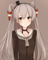 Rule 34 | 10s, 1girl, amatsukaze (kancolle), brown eyes, dress, guanhian, hair tubes, highres, kantai collection, long hair, sailor dress, silver hair, simple background, solo, two side up