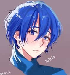 Rule 34 | 1boy, blue eyes, blue hair, blue scarf, blush, character name, earrings, expressionless, highres, jewelry, kaito (vocaloid), kayo (skc08049), looking at viewer, looking to the side, male focus, portrait, scarf, short hair, solo, twitter username, vocaloid