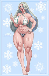 Rule 34 | 1girl, abs, alternate breast size, alternate muscle size, barefoot, big hair, bikini, blue eyes, blush, breasts, cameltoe, cleavage, covered erect nipples, creatures (company), criss-cross halter, darkereve, female focus, full body, game freak, halterneck, hand on own hip, highleg, highleg bikini, highres, huge breasts, jewelry, long hair, looking at viewer, melony (pokemon), muscular, muscular arms, muscular female, muscular legs, navel, nintendo, open mouth, pokemon, pokemon swsh, ring, shiny skin, silver hair, solo, standing, sweat, swimsuit, teeth, thick thighs, thighs, upper teeth only, v, very long hair, watermark, wide hips