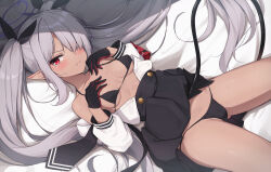 Rule 34 | 1girl, bed sheet, black gloves, black necktie, black skirt, black tail, blue archive, blush, breasts, closed mouth, gloves, grey hair, hair over one eye, halo, highres, iori (blue archive), long hair, long sleeves, looking at viewer, miso (misomiso 154), necktie, pleated skirt, pointy ears, purple halo, red eyes, skirt, small breasts, solo, twintails