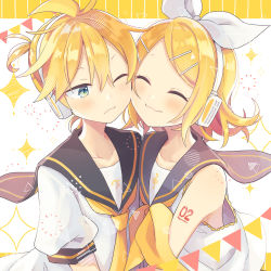 Rule 34 | 1boy, 1girl, aqua eyes, bare shoulders, bass clef, black collar, blonde hair, bow, brother and sister, cheek-to-cheek, closed eyes, collar, collarbone, commentary, fireworks, frown, hair bow, hair ornament, hairclip, headphones, heads together, kagamine len, kagamine rin, neckerchief, necktie, one eye closed, sailor collar, school uniform, shirt, short hair, short ponytail, short sleeves, shoulder tattoo, siblings, side-by-side, sleeveless, sleeveless shirt, smile, sparkle, spiked hair, string of flags, suzumi (fallxalice), swept bangs, tattoo, treble clef, twins, upper body, vocaloid, white background, white bow, white shirt, yellow neckerchief