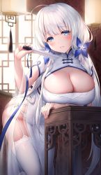 Rule 34 | 1girl, azur lane, blue butterfly, blue eyes, breasts, bug, bursting breasts, butterfly, butterfly hair ornament, china dress, chinese clothes, cleavage, cleavage cutout, clothing cutout, dress, folded fan, folding fan, garter straps, hair ornament, hand fan, highres, holding, holding fan, huge breasts, illustrious (azur lane), illustrious (maiden lily&#039;s radiance) (azur lane), indoors, insect, leaning forward, looking at viewer, mole, mole under eye, oyuwari, panties, see-through, skindentation, solo, thighhighs, tri tails, underwear, white dress, white hair, white panties, white thighhighs
