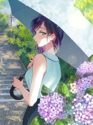 Rule 34 | 1girl, aqua eyes, artist name, artist request, bare shoulders, black skirt, blouse, blue sky, blush, braid, breasts, cloud, collared shirt, day, female focus, flower, from behind, green eyes, highres, holding, holding umbrella, hydrangea, long hair, long twintails, looking at viewer, looking back, love live!, love live! school idol project, low twintails, medium breasts, outdoors, parted lips, purple hair, rain, shirt, shirt tucked in, sideboob, single braid, skirt, sky, sleeveless, sleeveless shirt, smile, solo, tojo nozomi, twintails, umbrella, white shirt