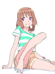 Rule 34 | 1girl, akinbo (hyouka fuyou), bare legs, barefoot, braid, brown hair, closed mouth, delicious party precure, hanamichi ran, long hair, pink eyes, precure, shirt, short shorts, short sleeves, shorts, simple background, sitting, smile, solo, striped clothes, striped shirt, t-shirt, white background, yellow shorts
