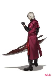 Rule 34 | boots, clenched hand, coat, dante (devil may cry), devil may cry (series), gloves, hallot, highres, holding, holding sword, holding weapon, looking at hand, medium hair, red coat, signature, simple background, standing, sword, weapon, white background, white hair