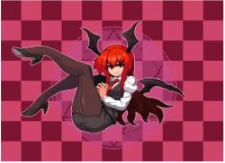 Rule 34 | 1girl, :&gt;, animated, black wings, blinking, checkered background, demon wings, flapping, floating, full body, head wings, hexagram, high heels, kicking, koakuma, long hair, long sleeves, looking at viewer, magic circle, miniskirt, namako daibakuhatsu, necktie, own hands together, pantyhose, pencil skirt, pixel art, puffy sleeves, red hair, red necktie, shirt, side slit, sidelocks, skirt, smile, solo, touhou, two-tone background, very long hair, video, white shirt, wings