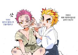 Rule 34 | 2boys, aged down, akaza (kimetsu no yaiba), alternate universe, anger vein, annoyed, bleeding, blonde hair, blood, blood on face, bruise, bruise on face, child, colored eyelashes, colored tips, cotton ball, fang, first aid, forked eyebrows, hakama, hands up, highres, holding, indian style, injury, japanese clothes, kimetsu no yaiba, korean commentary, korean text, looking at another, looking away, male focus, multicolored hair, multiple boys, off shoulder, open mouth, pink hair, red hair, rengoku kyoujurou, ribs, robe, sash, scratches, seiza, short hair, sitting, streaked hair, uneven eyes, ungungzza, worried, yellow eyes