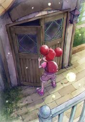 Rule 34 | 1girl, absurdres, backpack, bag, commentary, door, doorknob, facing away, from above, from behind, full body, grass, grey shorts, harukaze doremi, highres, itou shin&#039;ichi, lamp, ojamajo doremi, open door, outdoors, pavement, peeking, pink bag, pink footwear, pink hair, shirt, shoes, short hair, short sleeves, shorts, sneakers, socks, solo, standing, t-shirt