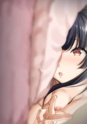 Rule 34 | 1girl, :o, absurdres, beiske (de skb3), black hair, blurry, blurry foreground, blush, breasts, highres, idolmaster, idolmaster shiny colors, long hair, looking at viewer, lying, mayuzumi fuyuko, nipples, nude, on side, open mouth, orange eyes, pillow, small breasts, solo, v