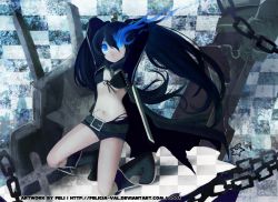 Rule 34 | 10s, 1girl, arms behind head, arms up, bad id, bad pixiv id, belt, bikini, bikini top only, black bikini, black hair, black rock shooter, black rock shooter (character), blue eyes, boots, chain, felicia-val, female focus, glowing, glowing eyes, katana, kneeling, long hair, midriff, navel, pale skin, scar, shorts, solo, swimsuit, sword, twintails, vocaloid, weapon