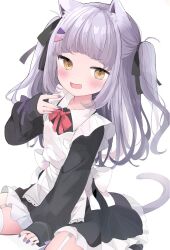 Rule 34 | 1girl, alternate costume, animal ears, apron, arched bangs, cat ears, cat tail, enmaided, frills, grey hair, hair ornament, highres, hololive, maid, maid apron, murasaki shion, nail polish, nocchi (r ws2l), sitting, tail, twintails, virtual youtuber, yellow eyes