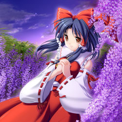 Rule 34 | 1girl, black hair, bow, brown eyes, cloud, detached sleeves, female focus, floating hair, flower, hair bow, hair tubes, hakurei reimu, own hands clasped, imperishable night, interlocked fingers, japanese clothes, light smile, maroppe, miko, own hands together, purple theme, ribbon, short hair, sky, solo, sparkle, touhou, twilight, wide sleeves, wisteria