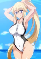 Rule 34 | 1girl, armpits, arms behind head, arms up, bare shoulders, black-framed eyewear, black one-piece swimsuit, blonde hair, blue eyes, blue sky, blush, breasts, collarbone, competition swimsuit, covered navel, day, fate/grand order, fate (series), glasses, hair between eyes, hara (harayutaka), highres, hip focus, jeanne d&#039;arc (fate), jeanne d&#039;arc (ruler) (fate), jeanne d&#039;arc (swimsuit archer) (fate), jeanne d&#039;arc (swimsuit archer) (second ascension) (fate), large breasts, legs together, long hair, looking at viewer, ocean, one-piece swimsuit, outdoors, ponytail, skin tight, sky, smile, solo, standing, swimsuit, thighs, two-tone swimsuit, very long hair, whistle, white one-piece swimsuit
