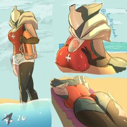 Rule 34 | 1girl, alternate costume, arcafterdark, arm pillow, ass, beach, breasts, colored skin, crossed arms, highres, inflatable raft, large breasts, lifeguard, lying, multicolored skin, multiple views, nipples visible through clothes, ocean, on stomach, one-piece swimsuit, paizuri, penis, saryn (warframe), short shorts, shorts, signature, swim buoy, swimsuit, two-tone skin, warframe, white shorts