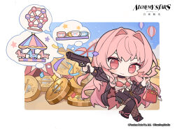 Rule 34 | 1girl, alchemy stars, bag, black jacket, breasts, carousel, chibi, cleavage, closed mouth, coin, confetti, cup, ferris wheel, highres, holding, holding bag, jacket, long hair, lorelei (alchemy stars), official art, open clothes, open shirt, pink hair, roller coaster, small breasts, teacup, toy gun, very long hair