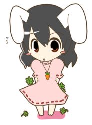 Rule 34 | 1girl, animal ears, bad id, bad pixiv id, barefoot, black hair, chibi, clover, dress, female focus, four-leaf clover, hida (artist), inaba tewi, jewelry, lowres, pendant, rabbit ears, solo, touhou, white background