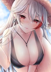 Rule 34 | 1girl, azur lane, blue sky, blush, breasts, cleavage, cloud, covered erect nipples, cross, cross earrings, earrings, grey hair, hat, highres, jewelry, large breasts, leaning forward, long hair, looking at viewer, mole, mole on breast, multicolored hair, necklace, prinz eugen (azur lane), red eyes, red hair, sky, smile, solo, straw hat, streaked hair, swimsuit, touwa iyo