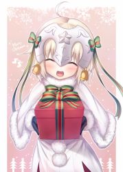 Rule 34 | 1girl, :d, ^ ^, ahoge, bell, black gloves, blonde hair, blush, capelet, christmas, closed eyes, dress, fal (fal-se-0), fate/grand order, fate (series), fur trim, gift, gloves, green ribbon, hair ribbon, headpiece, highres, holding, holding gift, jeanne d&#039;arc (fate), jeanne d&#039;arc alter (fate), jeanne d&#039;arc alter santa lily (fate), merry christmas, open mouth, red ribbon, ribbon, short dress, smile, snowflake background, snowflakes, solo, striped ribbon, teeth, upper body, white dress