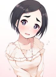Rule 34 | 1girl, black hair, blush, collarbone, commentary, eyebrows, fidgeting, gradient background, grey eyes, hair ornament, hairclip, idolmaster, idolmaster cinderella girls, jewelry, long sleeves, looking at viewer, matsuo chizuru, minami m2, necklace, open mouth, short hair, solo, spaghetti strap, sweatdrop, sweater, swept bangs, thick eyebrows, upper body, wavy mouth