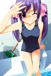 Rule 34 | 1girl, blue eyes, broom, day, from above, gaou (babel), long hair, one-piece swimsuit, one eye closed, original, pool, poolside, purple hair, school swimsuit, shading eyes, sitting, solo, swimsuit, twintails