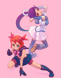 Rule 34 | 2girls, adapted costume, black footwear, blue eyes, blue footwear, blue hair, boots, bow, character request, cosplay, costume switch, cure black, cure black (cosplay), cure white, cure white (cosplay), futari wa precure, gloves, jumping, knee boots, magical girl, miniskirt, multiple girls, original, precure, red eyes, red hair, school uniform, serafuku, simple background, skirt, socks, thighhighs, weno