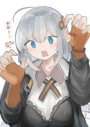 Rule 34 | 1girl, absurdres, ahoge, black jacket, blue eyes, bracelet, bright pupils, claw pose, fang, fingerless gloves, gao, gloves, grey hair, hands up, highres, jacket, jewelry, kizuna akari, long hair, long sleeves, looking at viewer, microa, no nose, open clothes, open jacket, open mouth, orange gloves, simple background, solo, teeth, v-shaped eyebrows, vocaloid, voiceroid, white background, white pupils