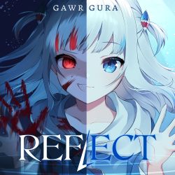 Rule 34 | 1girl, absurdres, album cover, blood, blood on clothes, blood on face, bloody handprints, blue hoodie, character name, cover, english text, floating hair, gawr gura, gawr gura (1st costume), hair ornament, handprint, hands up, highres, hinakano h, hololive, hololive english, hood, hoodie, long hair, looking at viewer, second-party source, shark girl, shark hair ornament, sharp teeth, solo, split theme, teeth, two side up, virtual youtuber