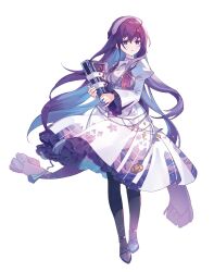 Rule 34 | 1girl, absurdres, asahina mafuyu, book, dress, frilled dress, frilled sleeves, frills, full body, hairband, highres, holding, holding book, juliet sleeves, long hair, long sleeves, pantyhose, project sekai, puffy sleeves, purple eyes, purple footwear, purple hair, purple pantyhose, sha (nz2), shoes, simple background, solo, stained glass print, standing, very long hair, white background, white hairband, wide sleeves