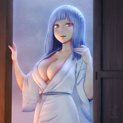 Rule 34 | 1girl, :d, blue hair, blunt bangs, breasts, cleavage, door, eyelashes, female focus, highres, horiishi horuto, japanese clothes, japanese mythology, kimono, large breasts, lips, long hair, looking at viewer, monster girl, neck, open mouth, print kimono, red eyes, smile, snowflake print, snowing, solo, standing, teeth, white kimono, yuki onna